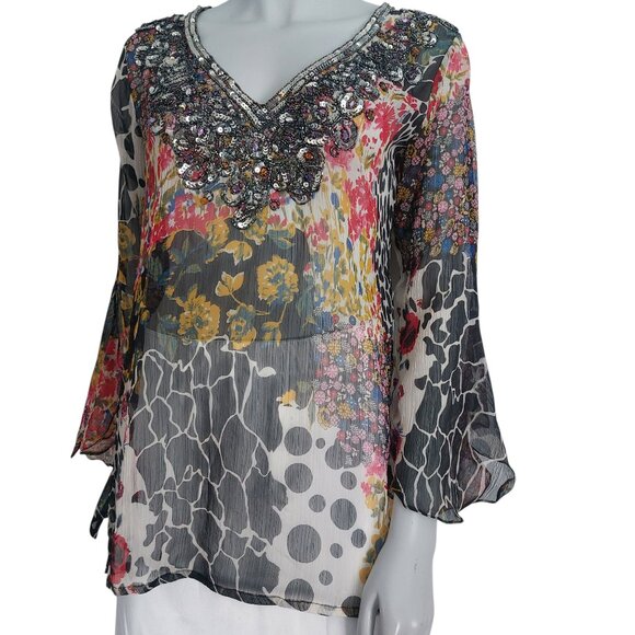 Vintage Y2K Top Medium Sheer Flowy Romeo Juliet Couture Multi Print Silky Sequin - Picture 14 of 16